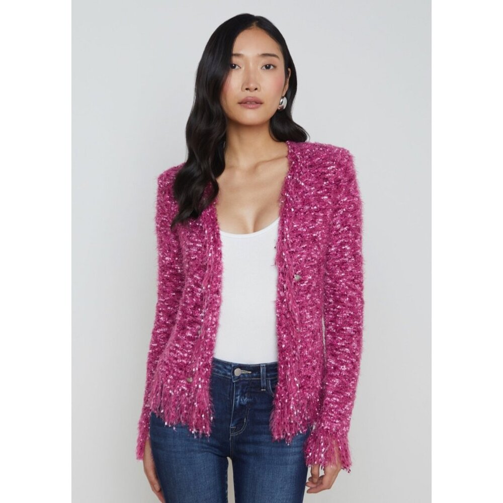 NWT L'Agence Azure Fringe Double Breasted Open Cardigan Blazer